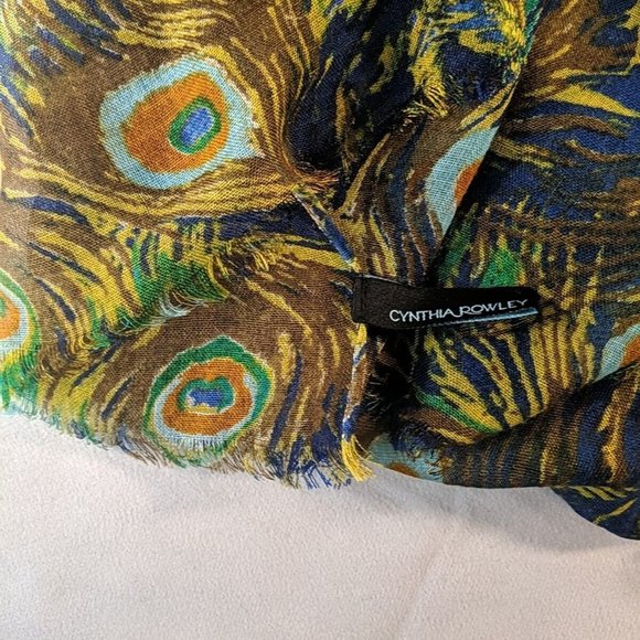 Cynthia Rowley Peacock Print Scarf Fringed Hem Loose Lightweight Fall Woven Bird - Picture 3 of 9